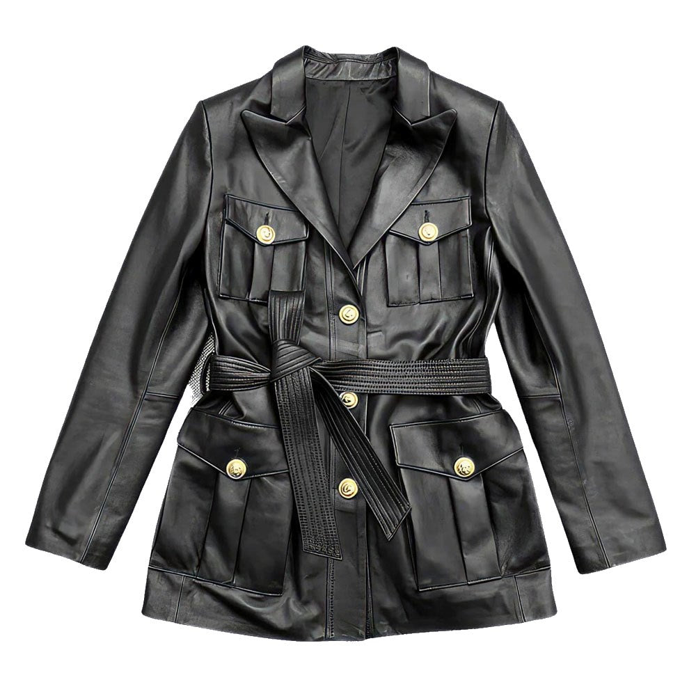 Solid Black Safari Belted Premium Sheepskin Leather Coat for Women