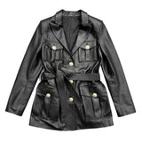 Solid Black Safari Belted Premium Sheepskin Leather Coat for Women
