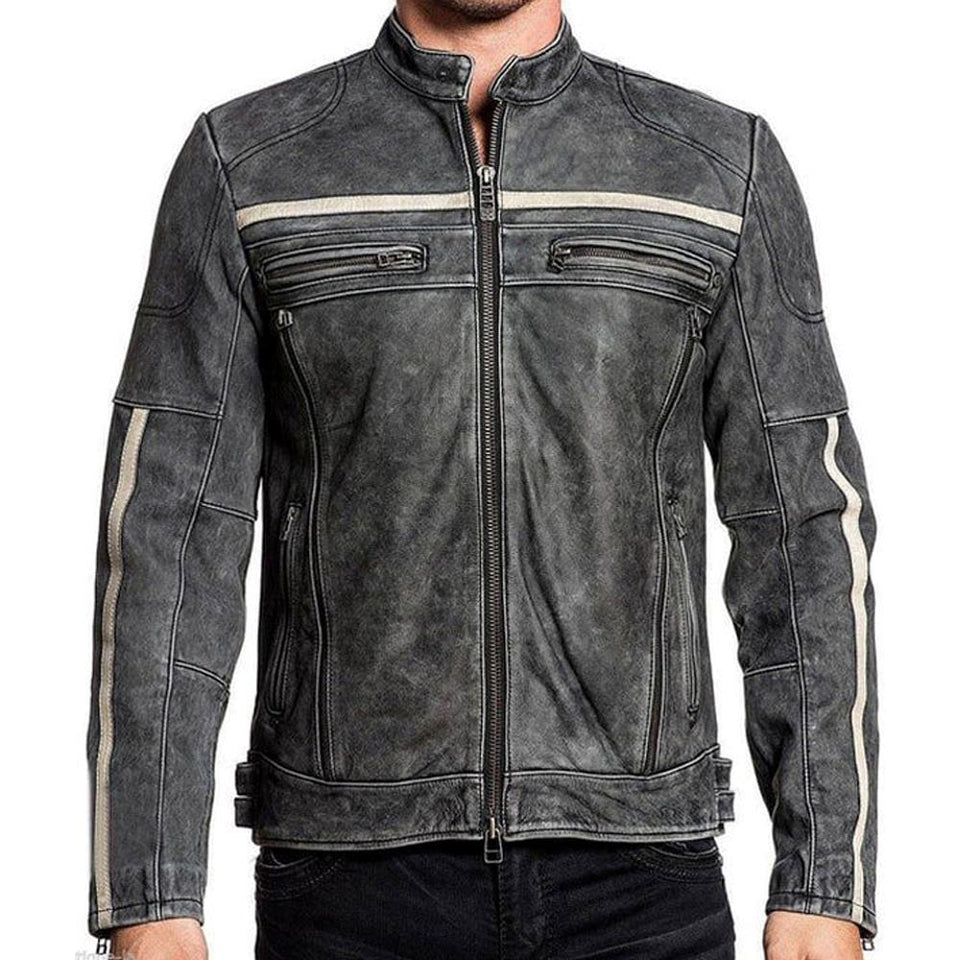 Grey Moto-Racer Vintage Genuine Cowhide Leather Jacket for Men
