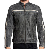 Grey Moto-Racer Vintage Genuine Cowhide Leather Jacket for Men