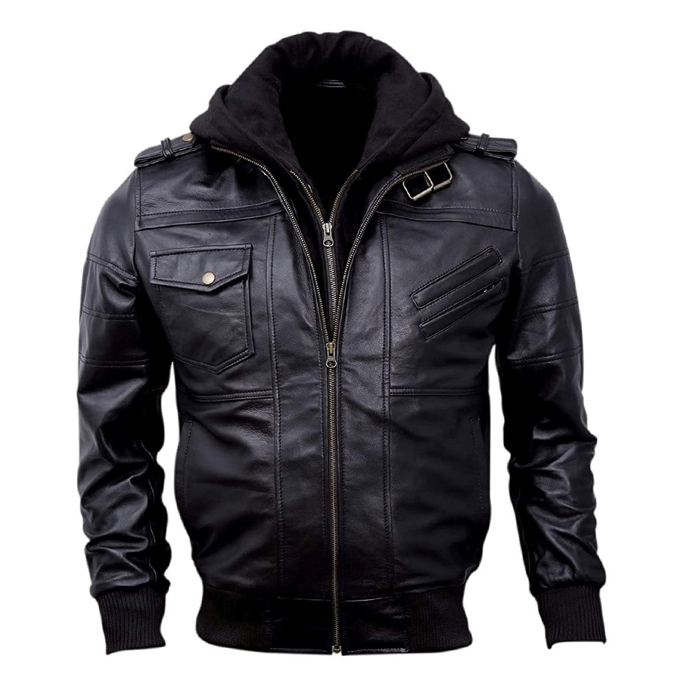 Bomber Removable Hooded Sheepskin Leather Jacket for Men