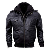 Bomber Removable Hooded Sheepskin Leather Jacket for Men