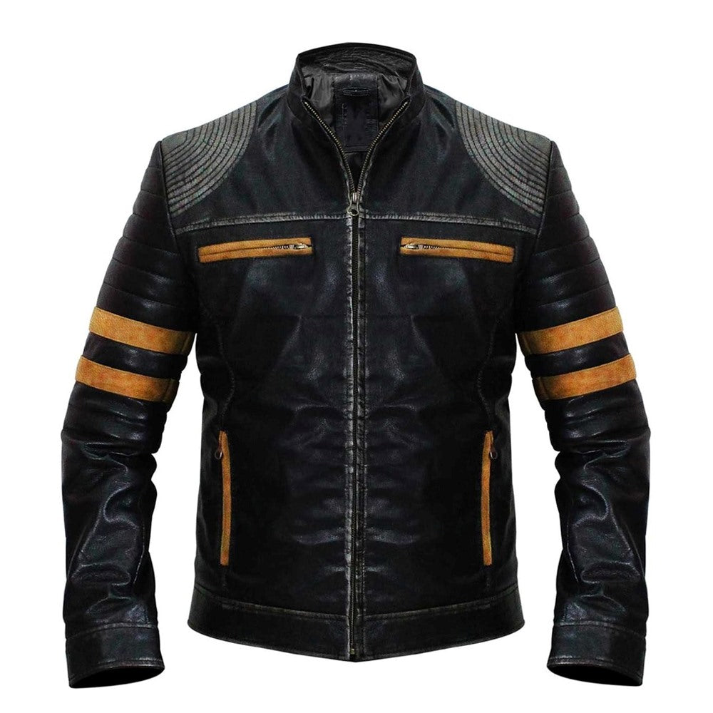 Men's Vintage Distressed Black Leather Biker Jacket with Quilted Shoulders and Stripes