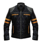 Men's Vintage Distressed Black Leather Biker Jacket with Quilted Shoulders and Stripes