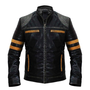 Men's Vintage Distressed Black Leather Biker Jacket with Quilted Shoulders and Stripes