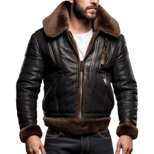 Black Aviator B3 Bomber Faux Fur Genuine Cowhide Leather Jacket for Men