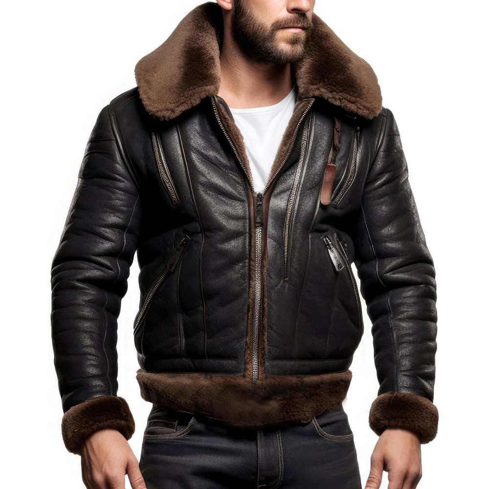 Black Aviator B3 Bomber Faux Fur Genuine Cowhide Leather Jacket for Men