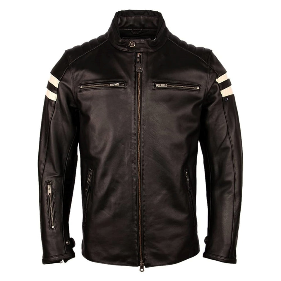 Stylish Cafe Racer White Stripped Black Genuine Leather Jacket for Men