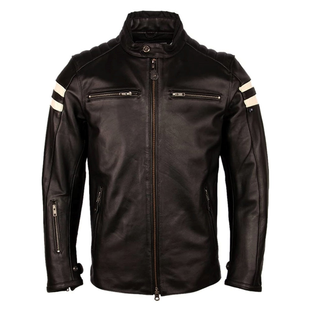 Stylish Cafe Racer White Stripped Black Genuine Leather Jacket for Men
