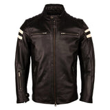 Stylish Cafe Racer White Stripped Black Genuine Leather Jacket for Men