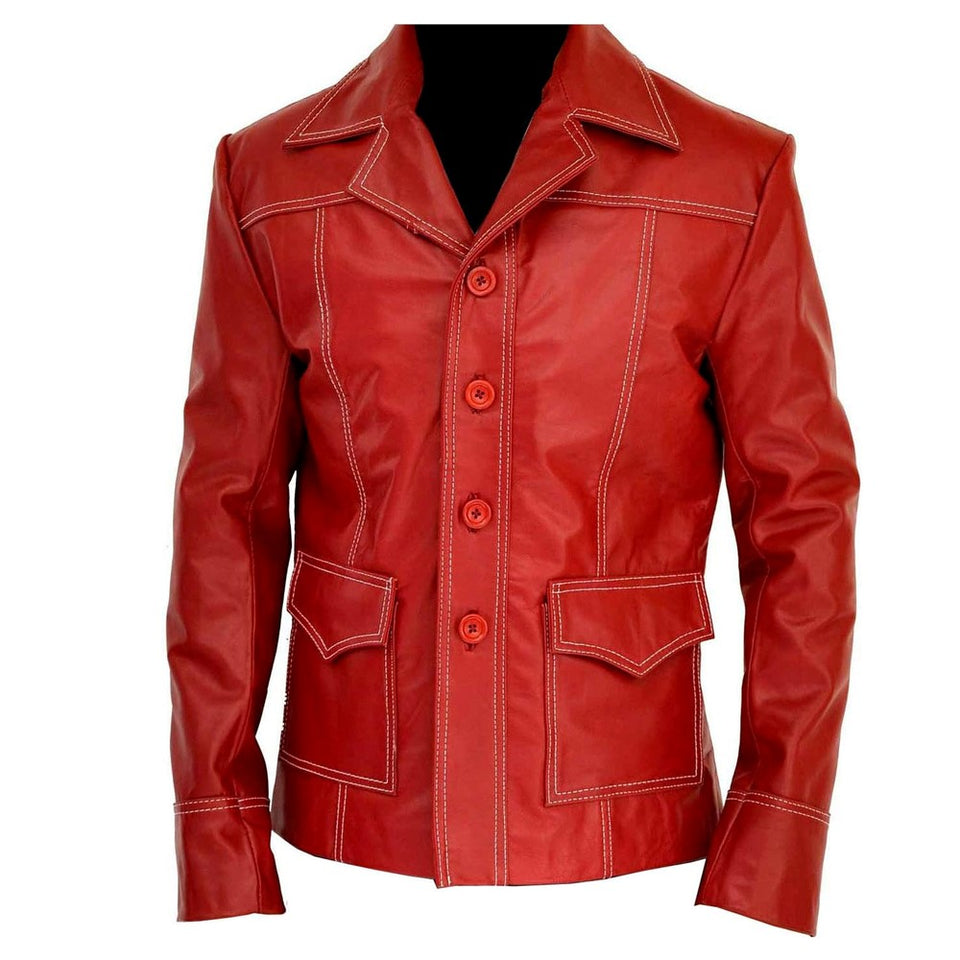 Fight Club Red Real Sheepskin Leather Jacket For Men
