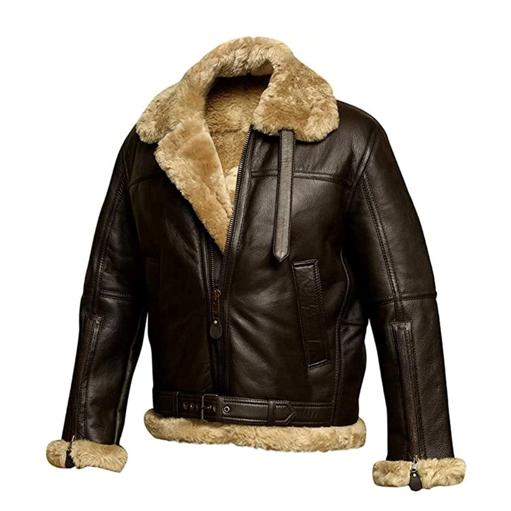 B3 Bomber Brown Faux Fur Shearling Sheepskin Leather Jackets for Men