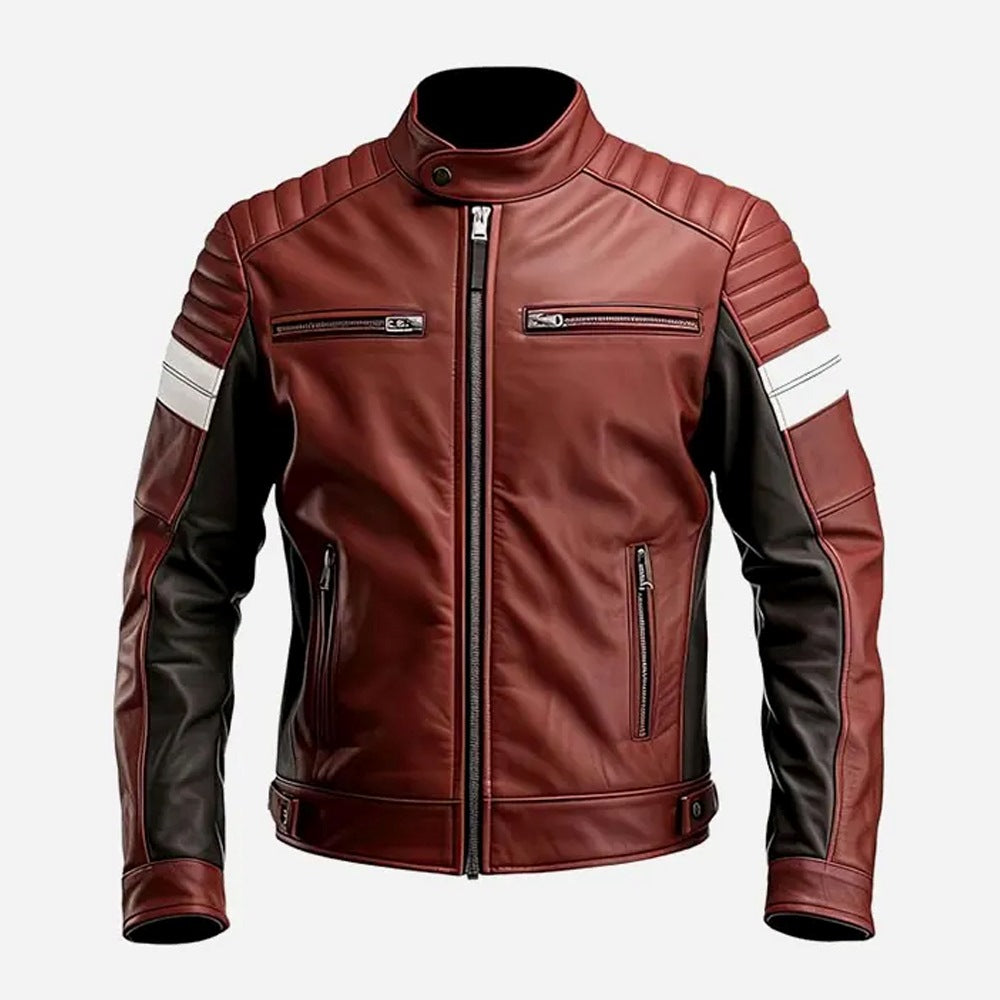 Maroon Cafe Racer Genuine Sheepskin Biker Leather Jacket for Men