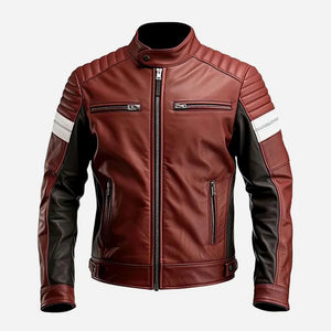 Maroon Cafe Racer Genuine Sheepskin Biker Leather Jacket for Men