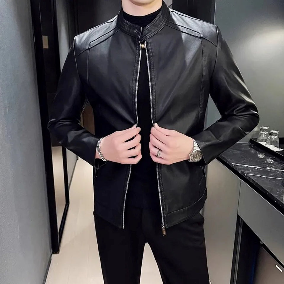 Black Stand-Up Collar Biker Genuine Sheepskin Leather Jacket for Men