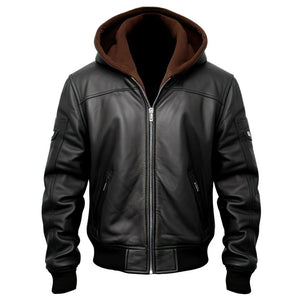 Black Bomber Hooded Biker Genuine Cowhide Leather Jacket for Men