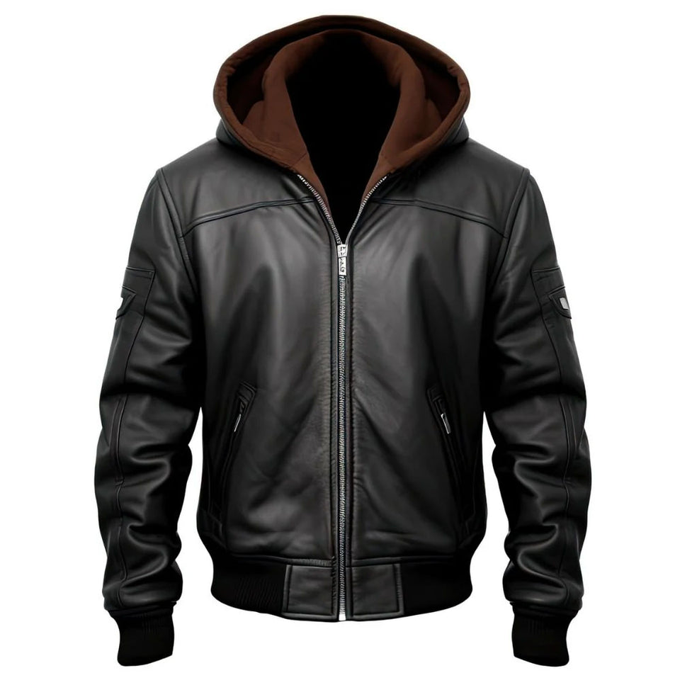 Black Bomber Hooded Biker Genuine Cowhide Leather Jacket for Men