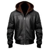 Black Bomber Hooded Biker Genuine Cowhide Leather Jacket for Men