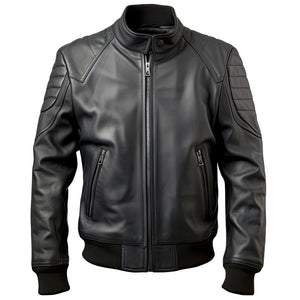 Black Genuine Sheepskin Rib Knit Slim-Fit Leather Bomber Jacket  for Men