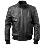 Black Genuine Sheepskin Rib Knit Slim-Fit Leather Bomber Jacket  for Men