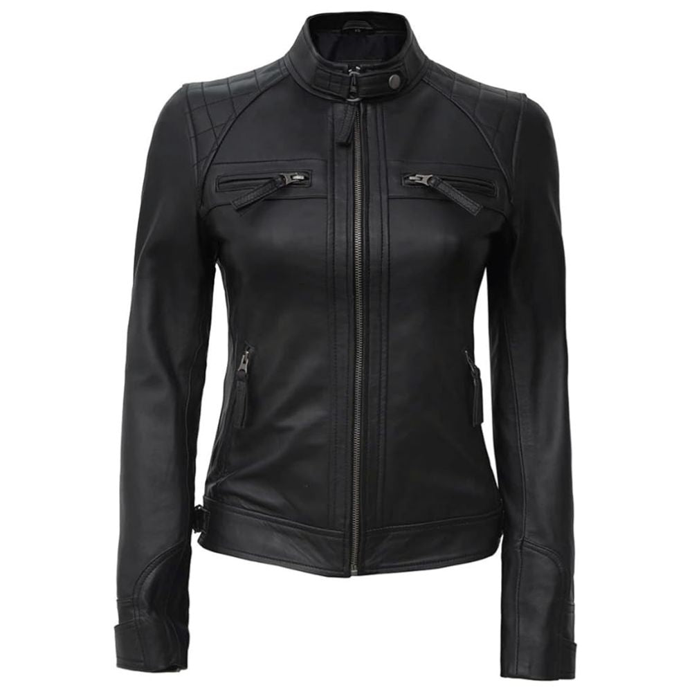 Black Quilted Café Racer Leather Jacket for Women