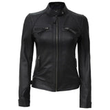 Black Quilted Café Racer Leather Jacket for Women