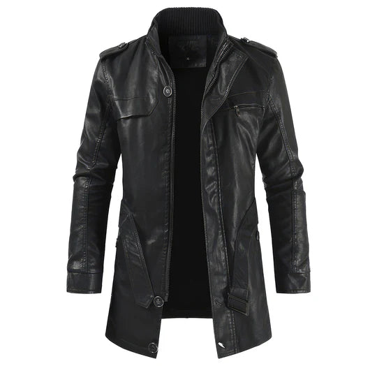 Classic Black Genuine Sheepskin Trench Leather Coat for Men