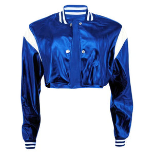 Blue Genuine Sheepskin Crop Baseball Top White Strips Leather Jacket for Women