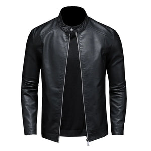 Black Stand-Up Collar Biker Genuine Sheepskin Leather Jacket for Men