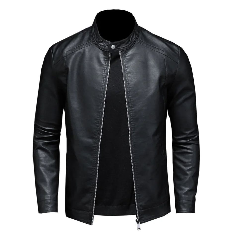 Black Stand-Up Collar Biker Genuine Sheepskin Leather Jacket for Men