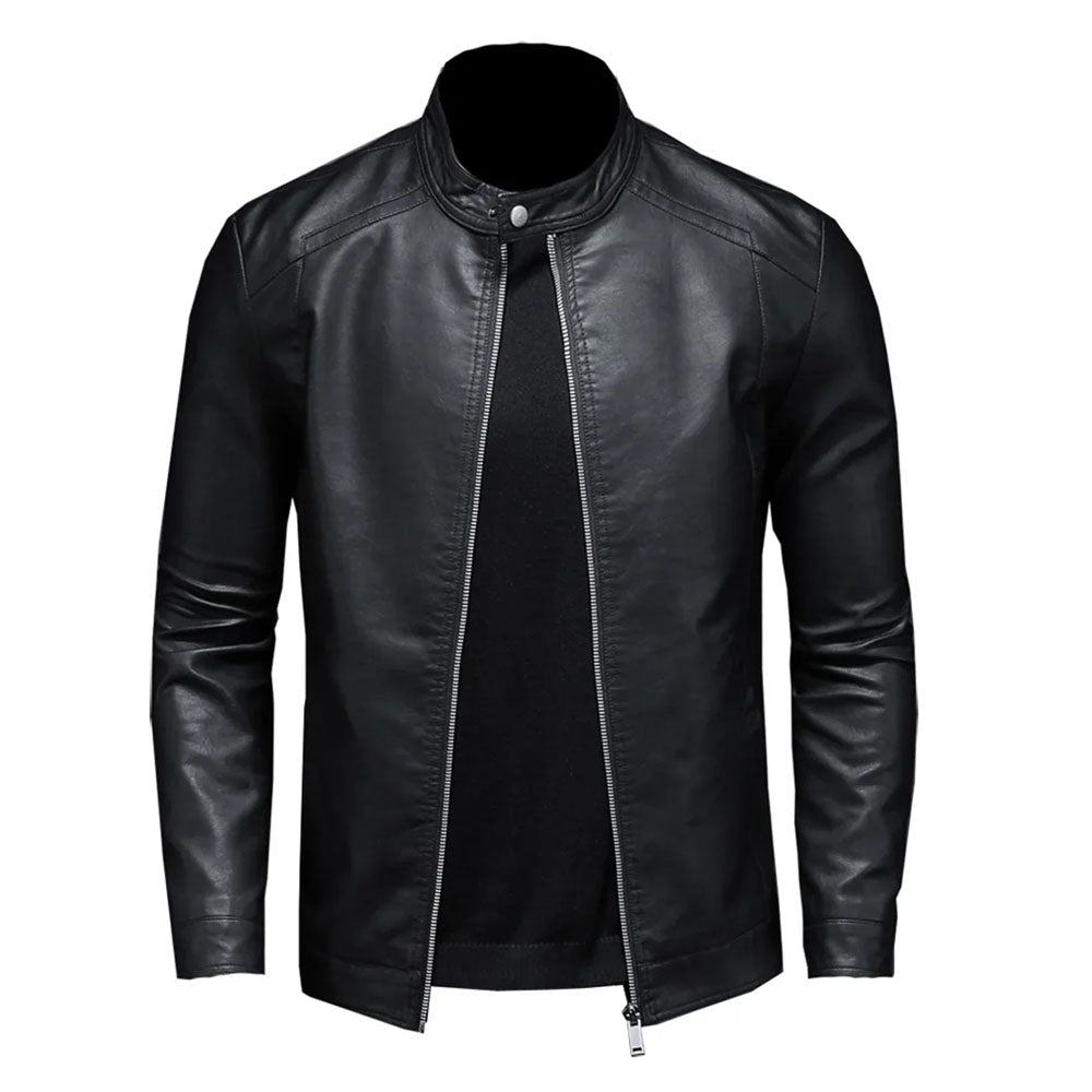 Black Stand-Up Collar Biker Genuine Sheepskin Leather Jacket for Men