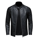 Black Stand-Up Collar Biker Genuine Sheepskin Leather Jacket for Men