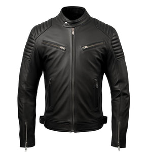 Black Genuine Sheepskin Quilted Style Motorcycle Leather Jacket for Men