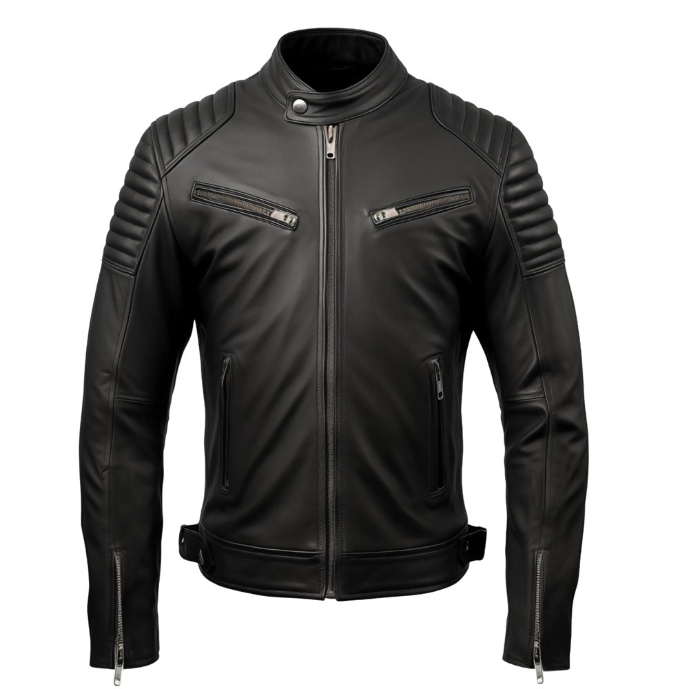 Black Genuine Sheepskin Quilted Style Motorcycle Leather Jacket for Men