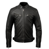 Black Genuine Sheepskin Quilted Style Motorcycle Leather Jacket for Men