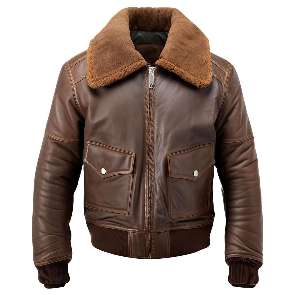 Brown Motorcycle Genuine Sheepskin Bomber Leather Jacket For Men