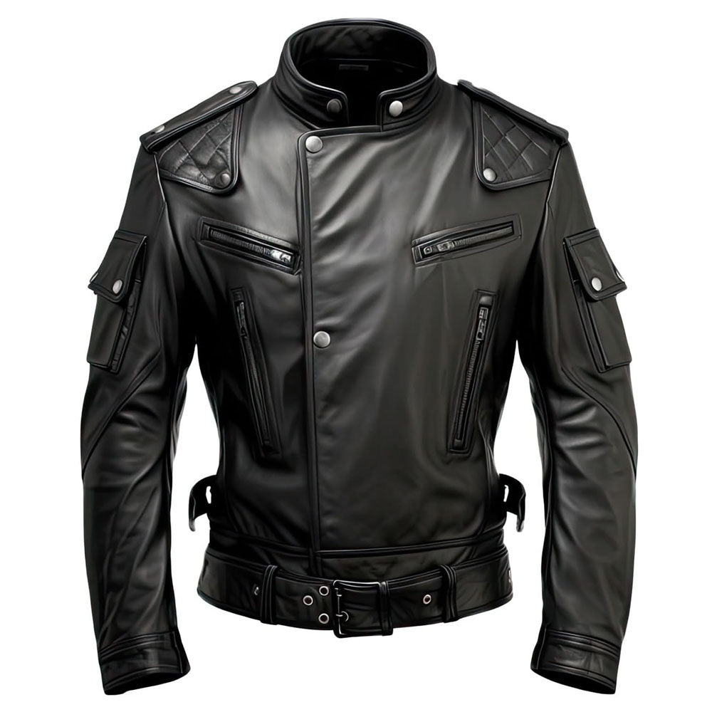 Biker Black Stand-up Collar Genuine Sheepskin Leather Jacket for Men