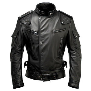 Biker Black Stand-up Collar Genuine Sheepskin Leather Jacket for Men