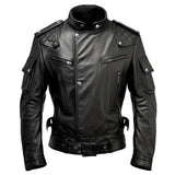 Biker Black Stand-up Collar Genuine Sheepskin Leather Jacket for Men