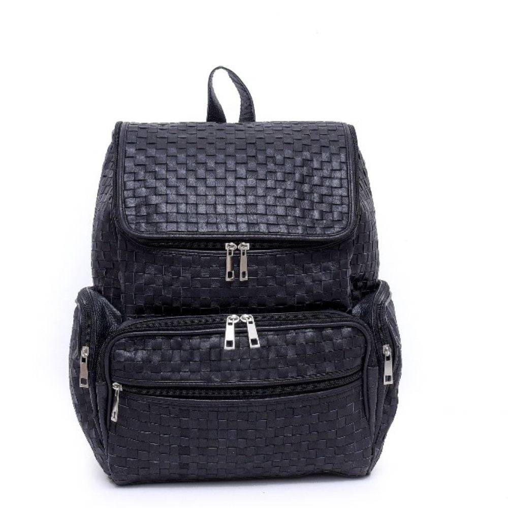 Braided Black Pattern Design - Genuine Leather Backpack For Women