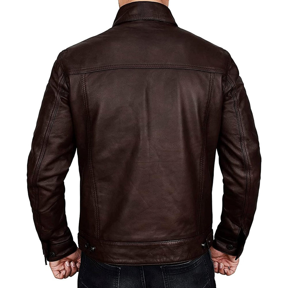 Trucker Vintage Style Real Lambskin Leather Jacket for Men