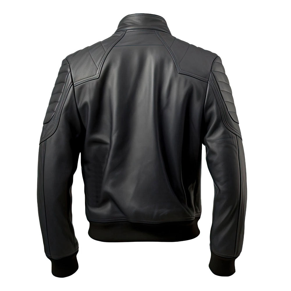 Black Genuine Sheepskin Rib Knit Slim-Fit Leather Bomber Jacket  for Men