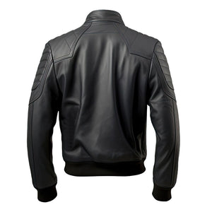 Black Genuine Sheepskin Rib Knit Slim-Fit Leather Bomber Jacket  for Men
