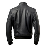 Black Genuine Sheepskin Rib Knit Slim-Fit Leather Bomber Jacket  for Men