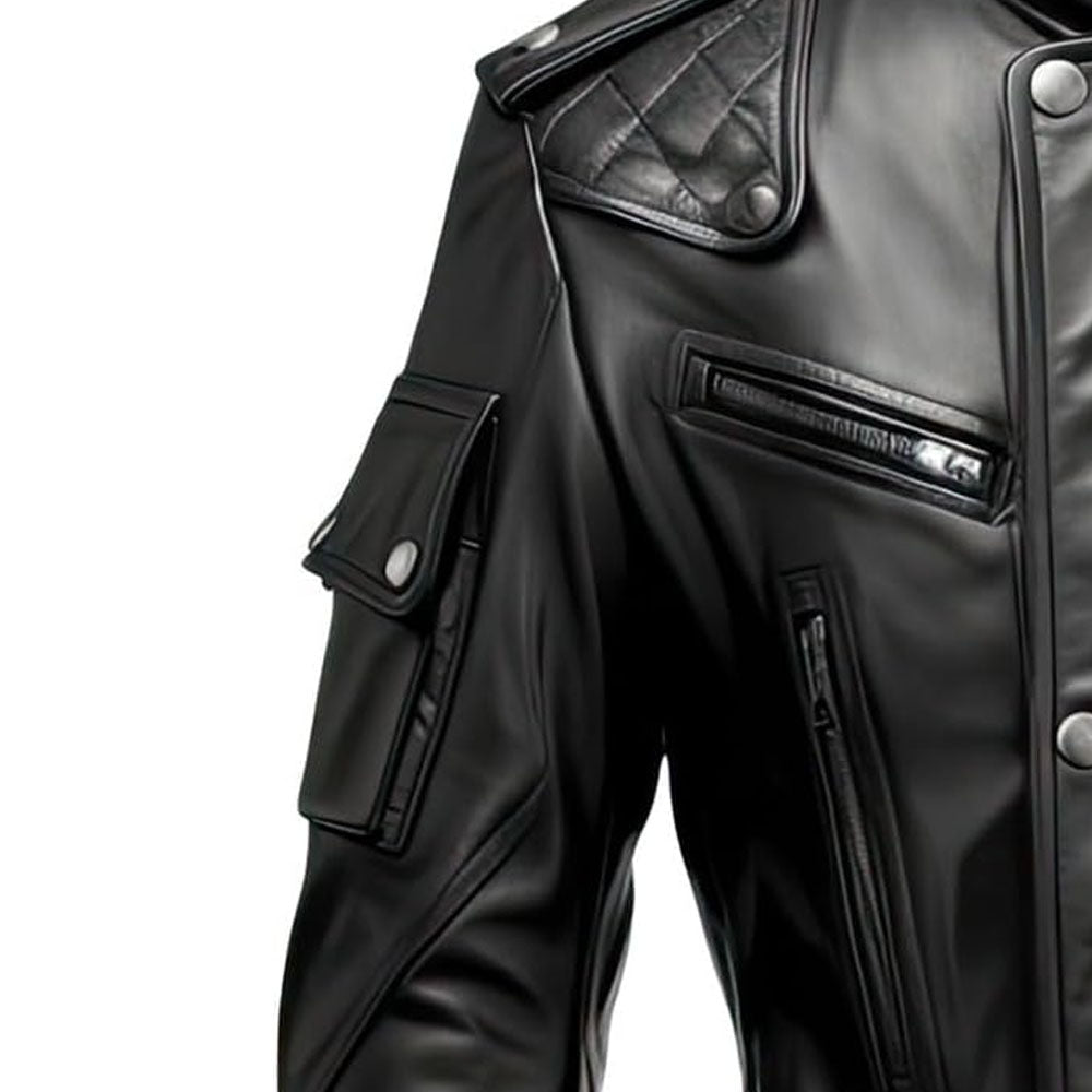 Biker Black Stand-up Collar Genuine Sheepskin Leather Jacket for Men