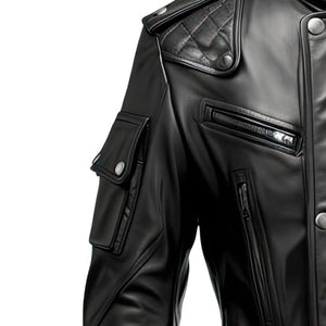 Biker Black Stand-up Collar Genuine Sheepskin Leather Jacket for Men