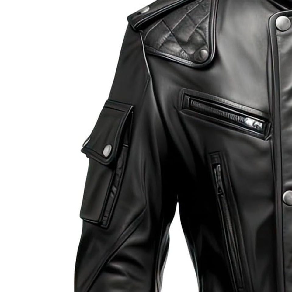 Biker Black Stand-up Collar Genuine Sheepskin Leather Jacket for Men