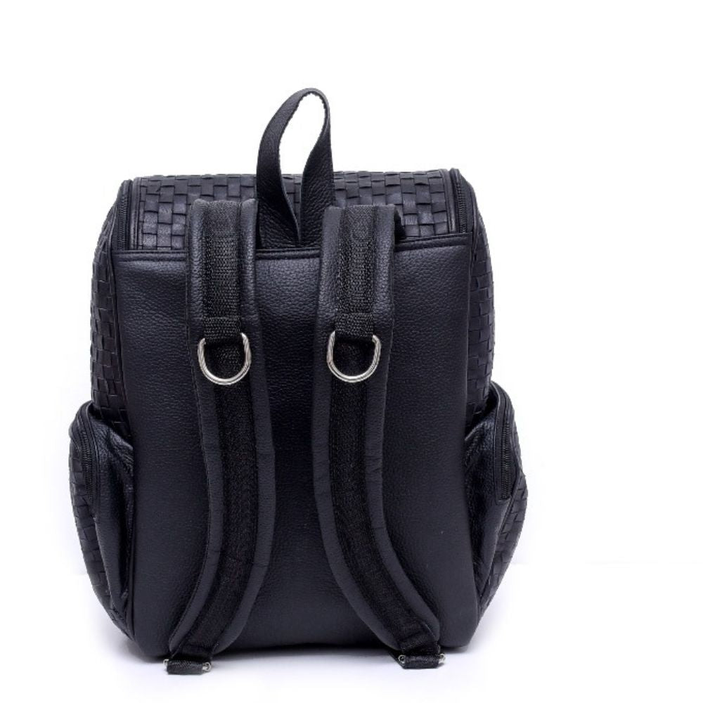 Braided Black Pattern Design - Genuine Leather Backpack For Women