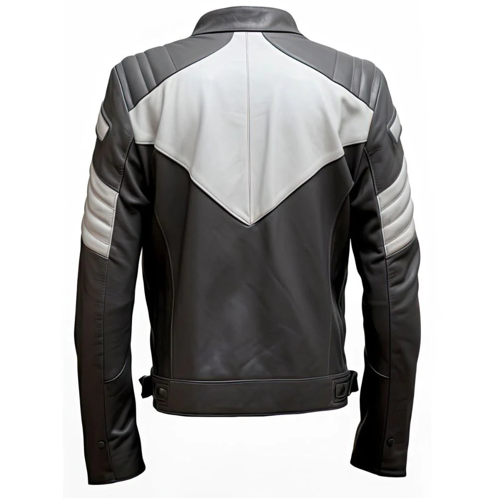 Charcoal Grey White Sheepskin Moto Quilted Racer Leather Jacket for Men