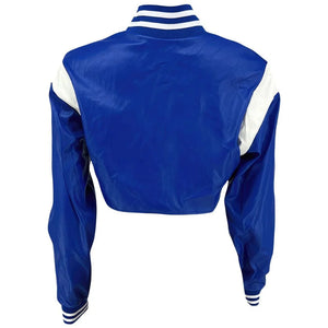 Blue Genuine Sheepskin Crop Baseball Top White Strips Leather Jacket for Women